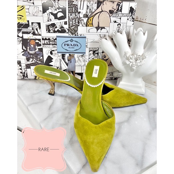 Prada Shoes - |SOLD| Prada Avocado Suede Leather Mules with Decorative Heel